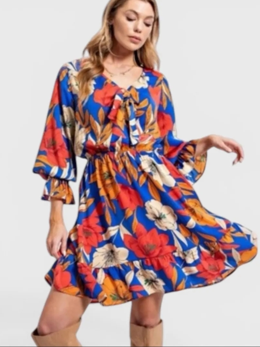 Easel LA Blue Floral Mini Dress with Ruffle Hem MIRABELLE SATIN MAXI Medium M